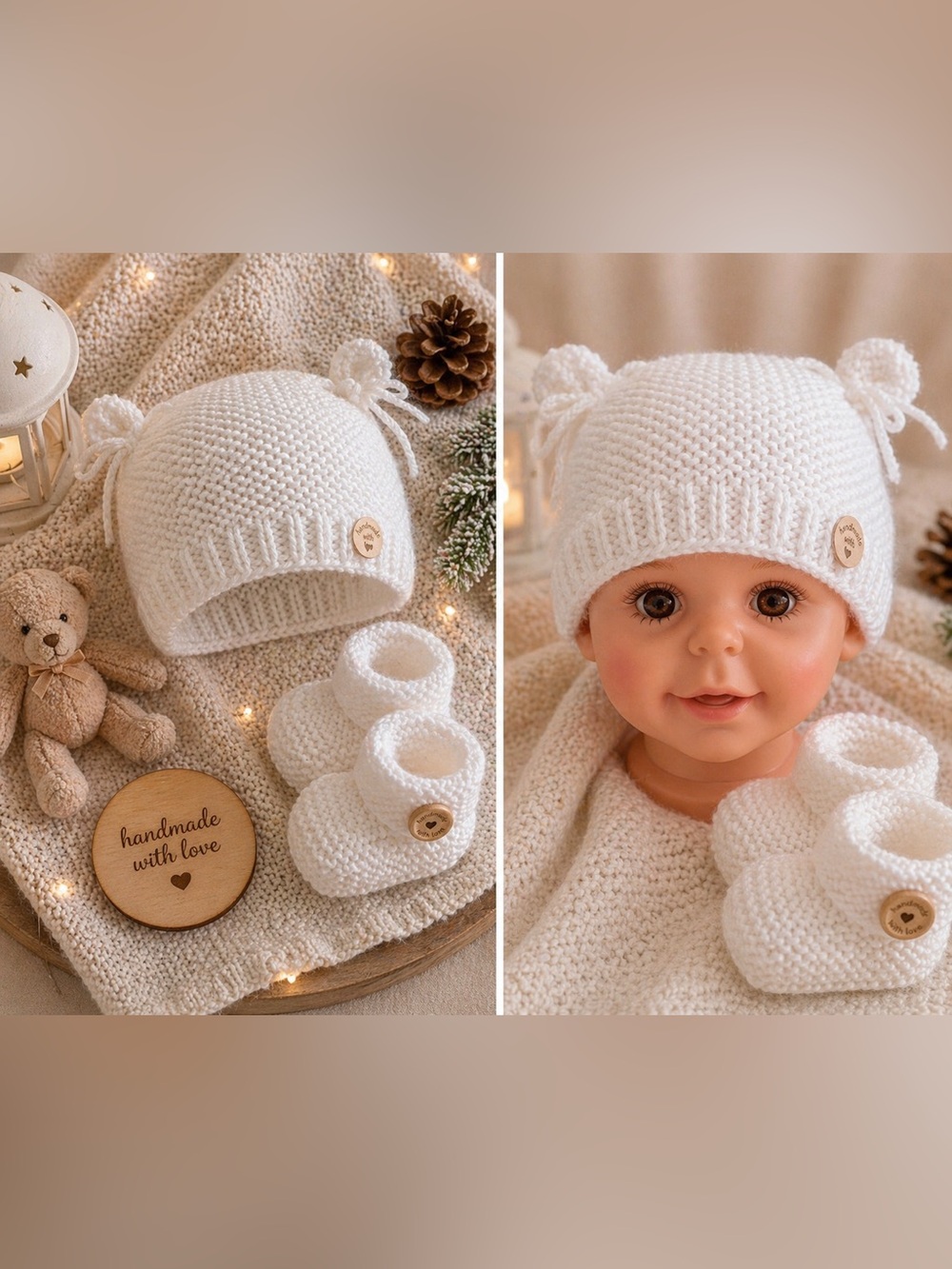 White Knit Baby Hat with Ear Details and booties set